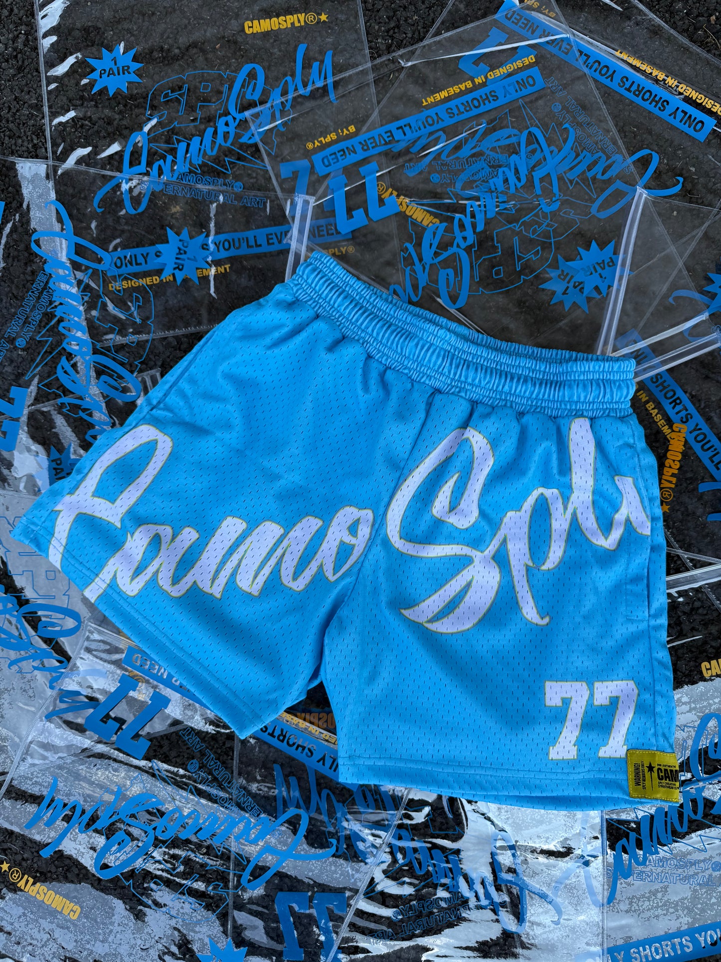 CAMOSPLY® Big Script Shorts (BABY BLUE)